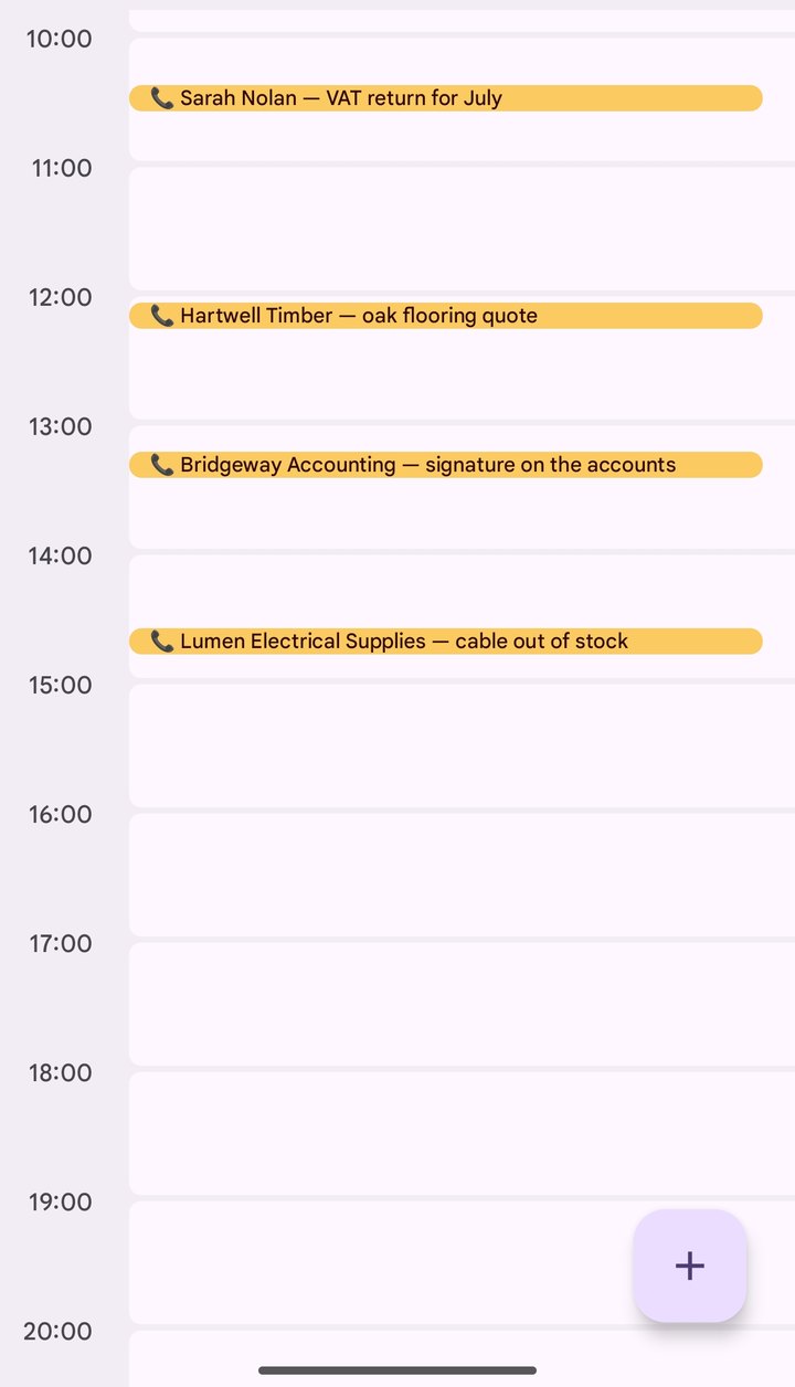 A day in Google Calendar: four call entries, each sitting at the hour the call actually happened.