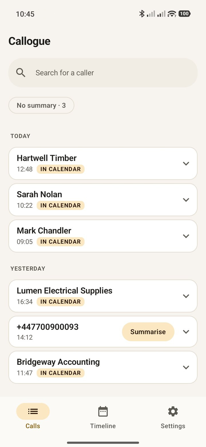 The call list in Callogue: recordings grouped by day, each with the time and a marker showing it already reached the calendar.