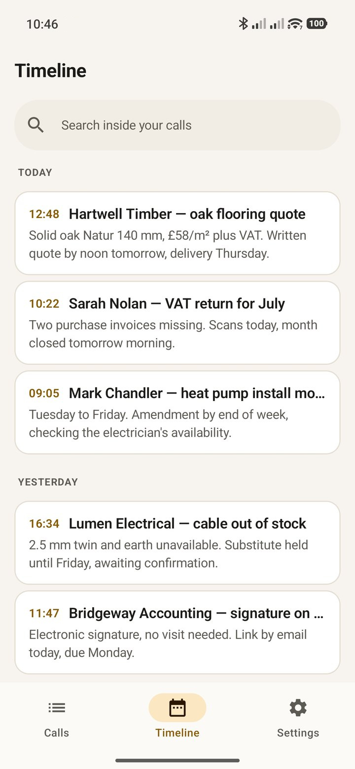 The „Timeline” screen in Callogue: calls grouped by day, each with a time, a topic and two sentences of summary, above them a „Search inside your calls” box.