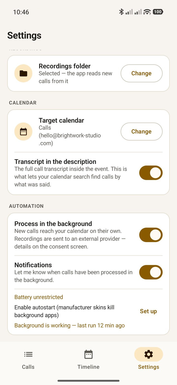 Callogue settings: the recordings folder, the target calendar, transcript in the description, background processing and notifications.